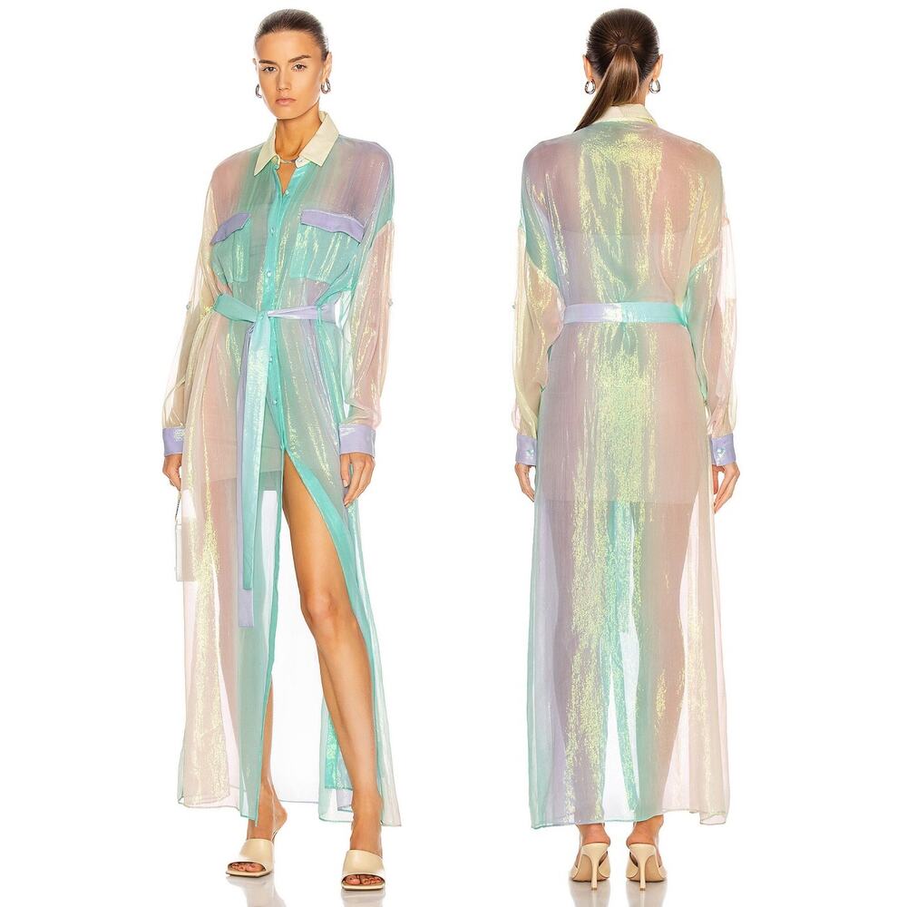 NWT Rococo Sand Emi Ombre Rainbow Sheer Tie Waist Maxi Shirt Dress Swim Cover Up